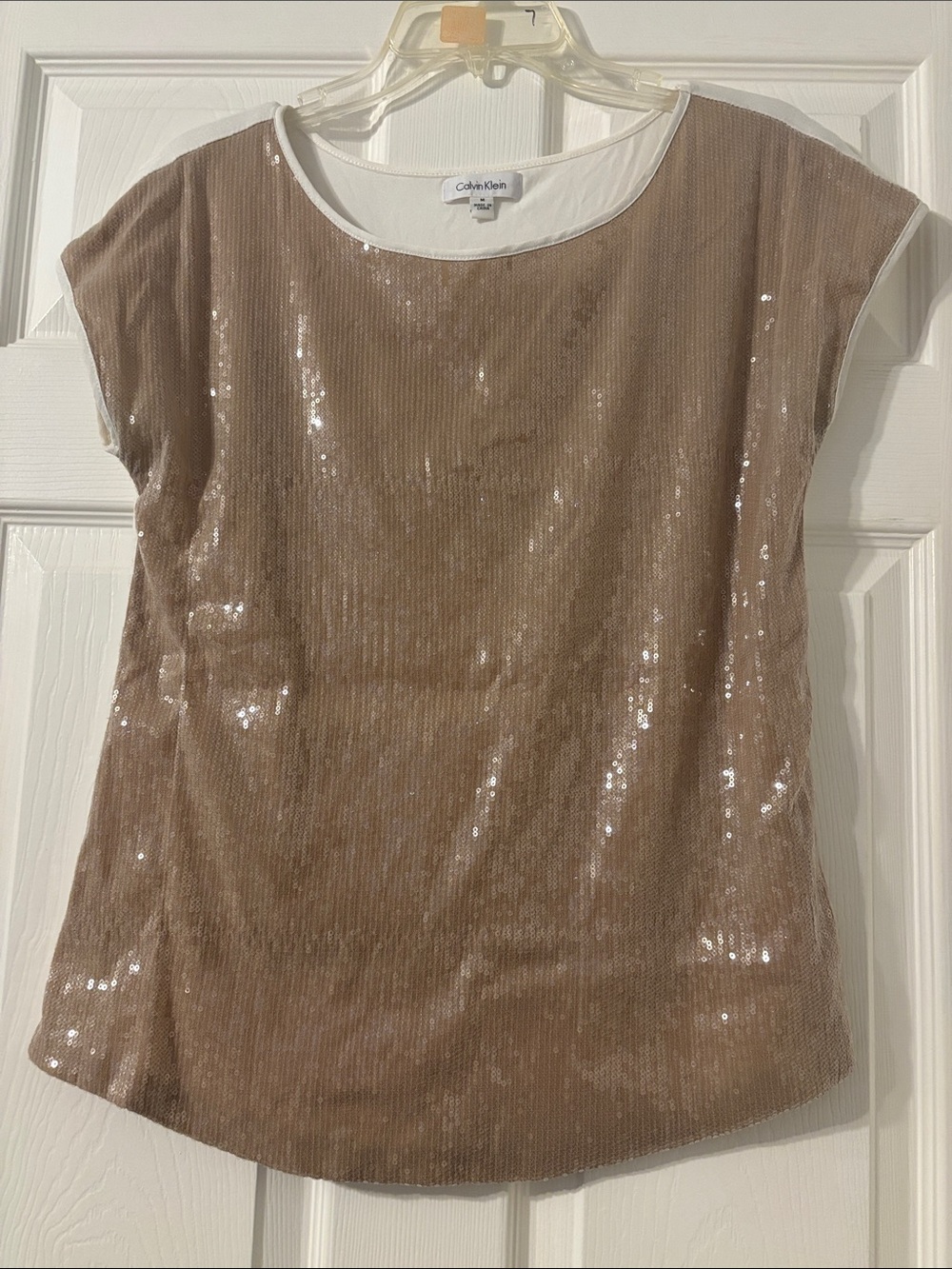 Calvin Klein Sequin Short-Sleeve Tee in Taupe Shimmer